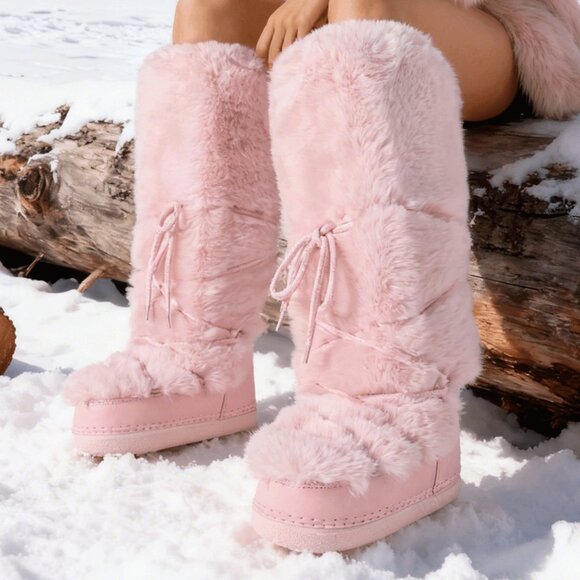Pink Casual Women's Faux Fur Ski Boots - Picture 4 of 8